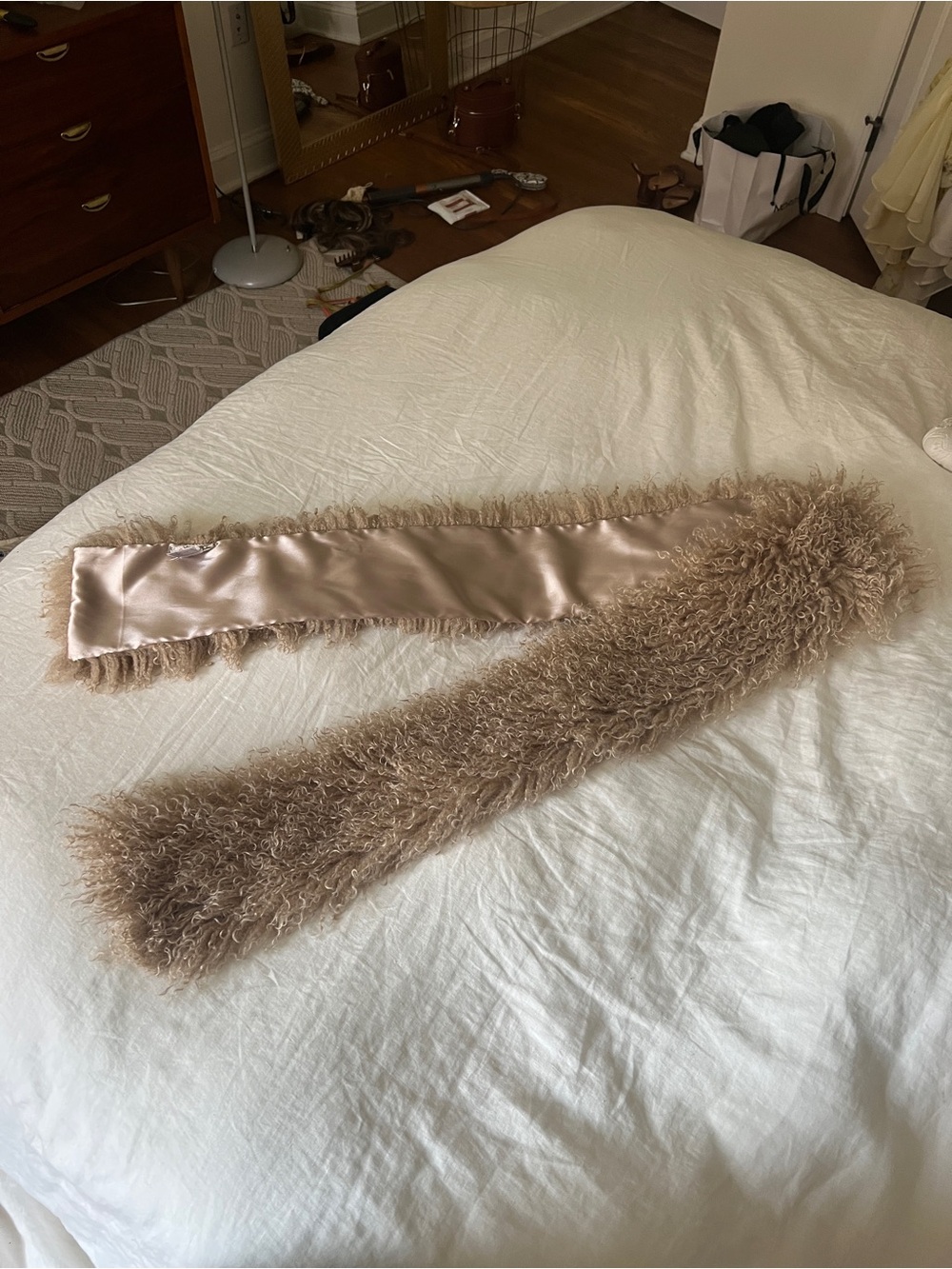Free People Faux Fur Trim Satin Scarf in Taupe